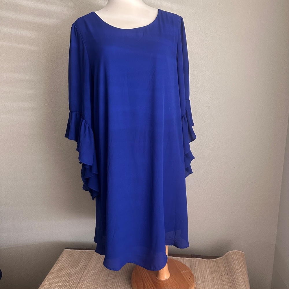 Joseph Ribkoff Cobalt Blue Shift Dress 10 Ruffle Sleeve Sheath Lined